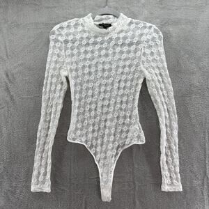 BARDOT Top Women M White Lace Floral Sheer Bodysuit Snap Button Mock Neck LS
